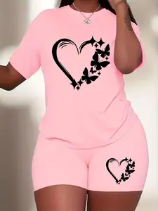 【Plus Size】 Heart Print Short Sleeve Tee & Skinny Shorts Two-Piece Set, Fitted Casual Round Neck T-shirt & Short Leggings, Women's Summer Clothes for Daily Wear, Suits