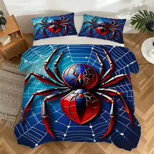 2/3Pcs Spider Print Duvet Cover Set, Blue Spiderweb Bedding Set, Soft and Breathable Fabric, Easy to Care for, Trendy Bedroom Decor, Suitable for Teen Bedrooms, Dormitories, and Guest Rooms, Suitable for All Seasons (Pillowcase Without Pillow Insert).
