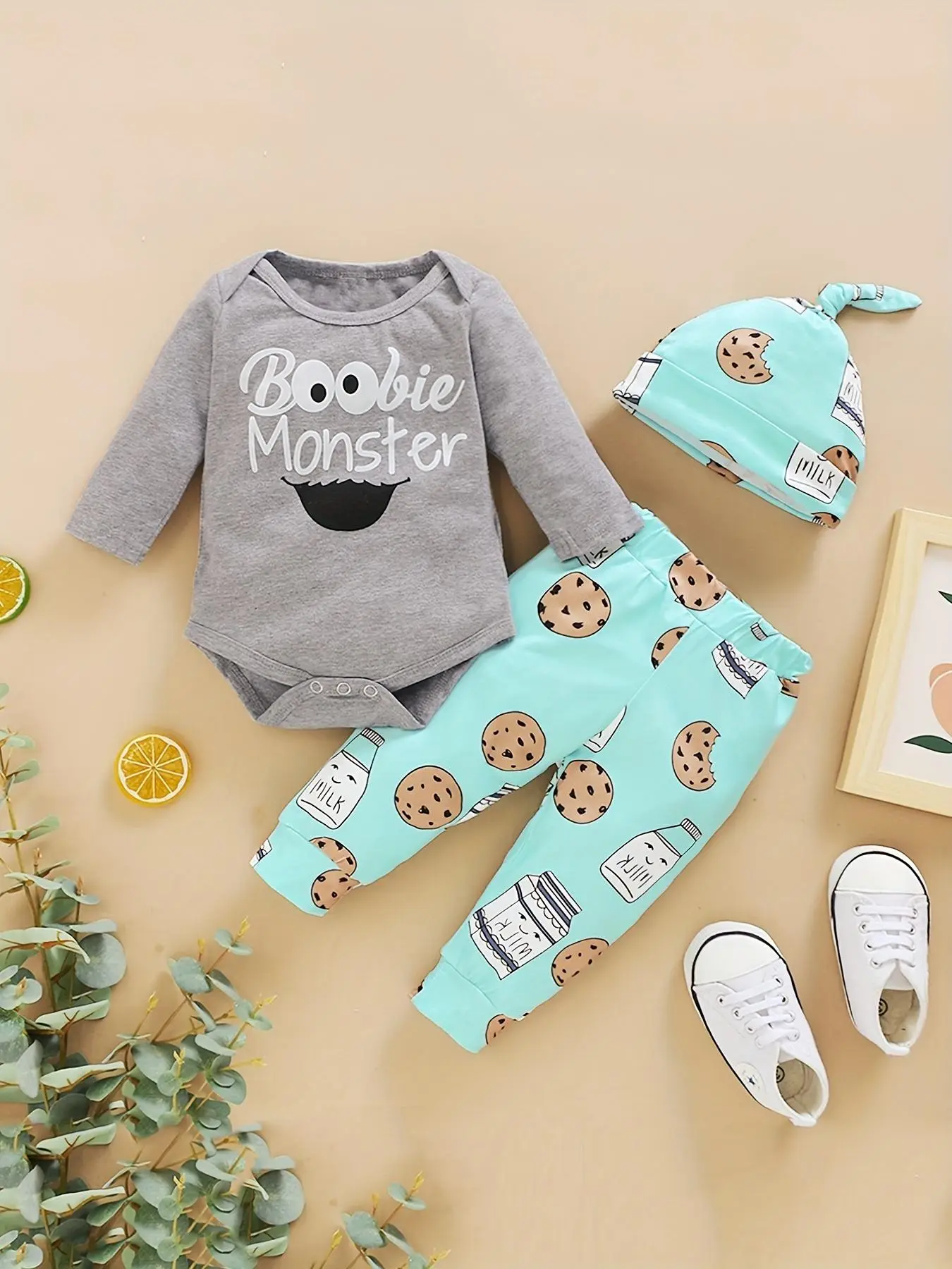 Baby's Letter Print Long Sleeve Bodysuit & Pants & Hat Set, Cute Three-piece Set Outfits for Infant Toddler Kids, Newborn Baby Boys Clothes for Daily