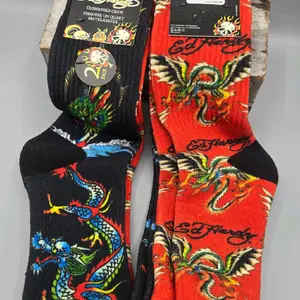 Ed Hardy Men's Socks 2 Pair Cushioned Crew Multicolor Size 6-12 Polyester and Spandex with Dragon Design