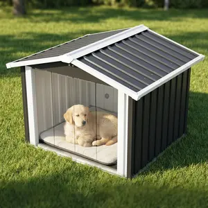 2-in-1 Outdoor Metal Dog Crate & Storage Shed, Weatherproof Dog House with PVC Door & Vent for Medium-Large Dogs, Multi-Function Garden Storage Kennel, 39.7" x 35.8" x 33.3"