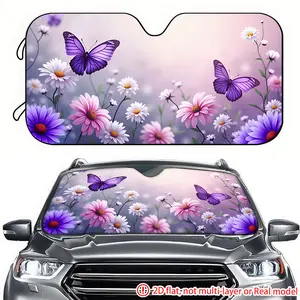 1pc Purple Butterfly Pink Flower Car Sunshade 2D HD Printing, Car Sunshade effectively blocks sunlight, suitable for decorating the front windshield of RVs, General Motors, and SUVs
