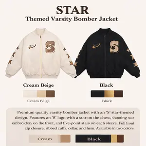 Couples have the same casual sports jacket, star embroidered patch baseball jersey, loose college style pilot jacket, American retro baseball jersey version + star embroidered eye-catching design + loose and versatile, not picky, two-color optional styles
