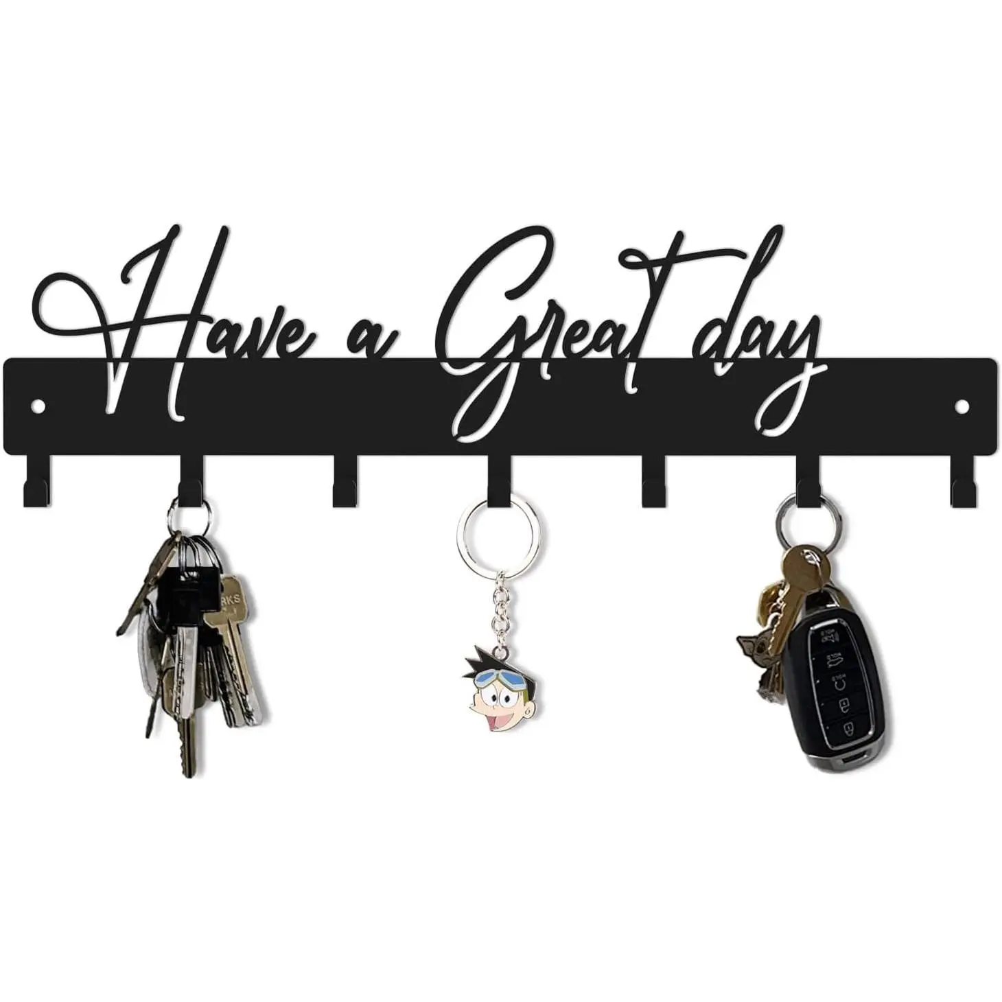Have a Great Day Key Hooks for Wall Decoration,Delicate Fashion Black Metal Key Holder Wall Mount,Have a Great Day Key Hanger with 7 Kooks for Hallway,Office