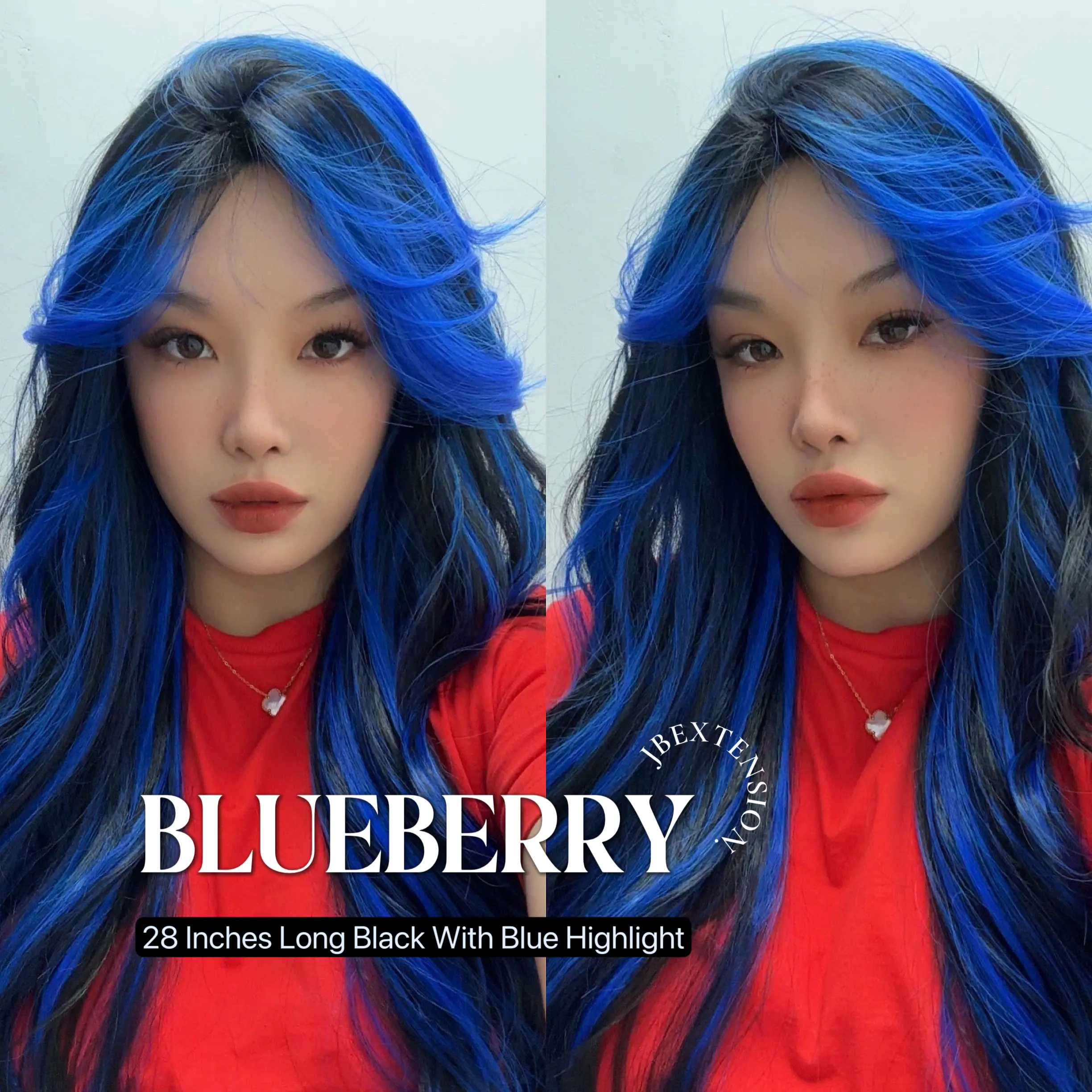 JBEXTENSION 28 Inches Long Black With Blue Highlight Wave Wig With Bangs BLUEBERRY