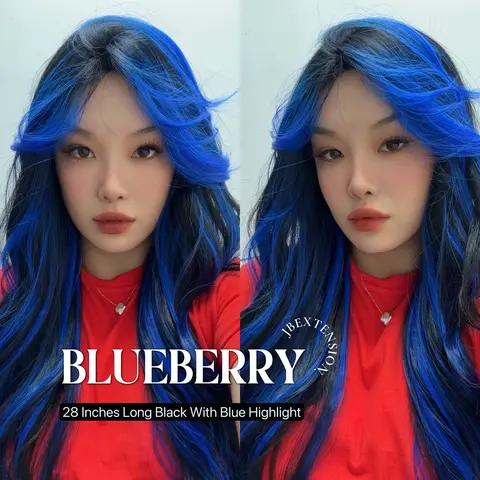 JBEXTENSION 28 Inches Long Black With Blue Highlight Wave Wig With Bangs BLUEBERRY