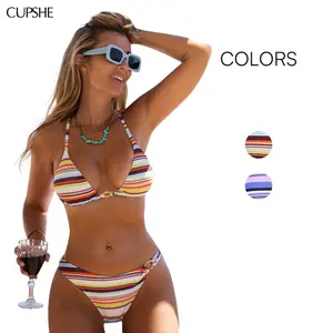 CUPSHE 【Valentine's Day】 Saltwater Taffy Striped Bikini Set | Leg-Lengthening High-Cut Swimsuit | Modern Cheeky Bum Coverage Two-Piece for Beach Vacay 2026