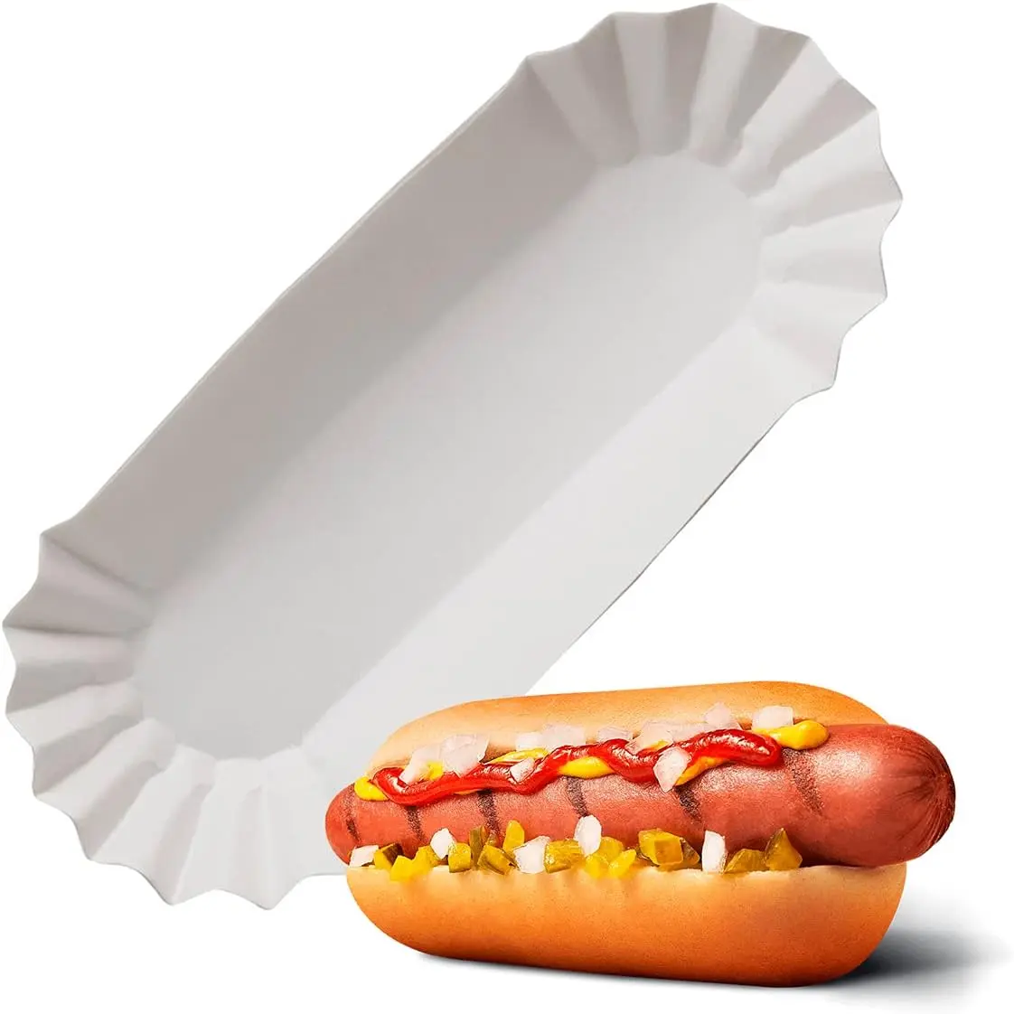 50 Pcs 8 Inch Paper Hot Dog Trays Disposable for Party & BBQ - Grease Resistant Heavy Duty Fluted Food Boats, Microwave Safe Hot Dog Holders for Nachos, Fries, Food Truck, Tailgates, Concession Stand