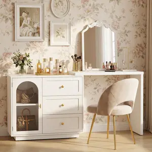 RoyalCraft Makeup Vanity Desk with Drawers, Large Extendable Corner Table for Working,Studying,Drawing, Sewing, and Nail Care, Modern Dressing Table & Home Office Desk for Bedroom, Makeup Vanity Without Mirror (White,beige)