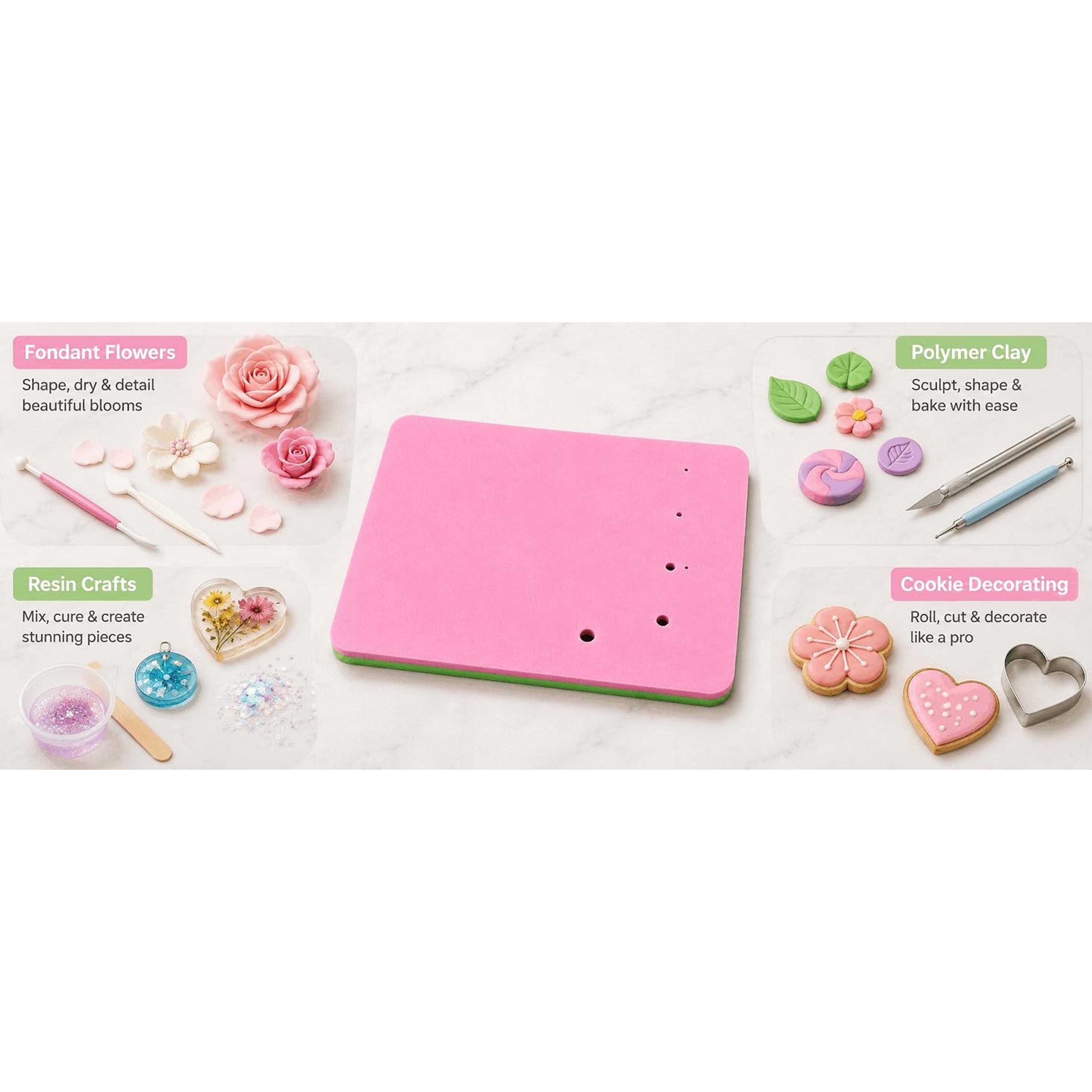 Fondant Foam Pad with 5 Holes Silicone Mat for Cake Decorating Rolling Pin & Clay Tools Perfect for Fondant Gum and Air Dry Clay Crafts