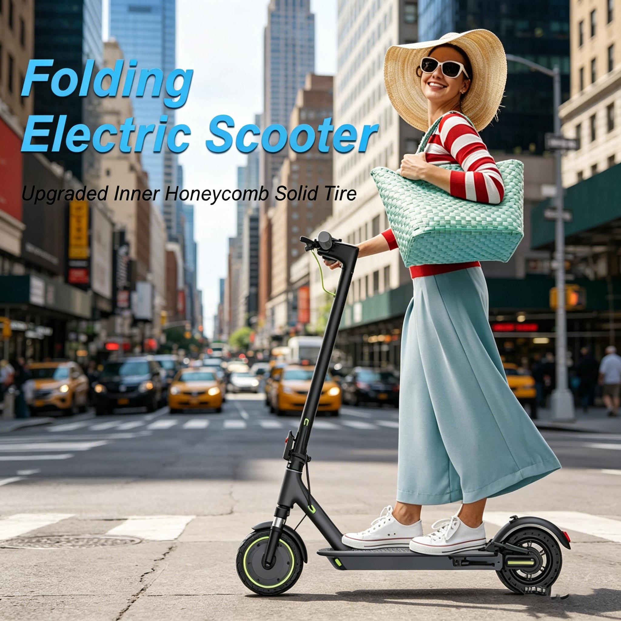A Foldable Electric Scooter for Adults 8.5/10/14" Solid Tires 350W/500W Up to 24 Miles Long Range Safe Dual Braking & App Control
