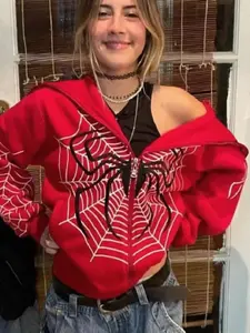 Women's Spider Web Print Zip Up Drop Shoulder Hoodie Jacket, Fashion Casual Long Sleeve Hooded Sweatshirt For Daily Outdoor Wear, Ladies Spring & Fall Clothes