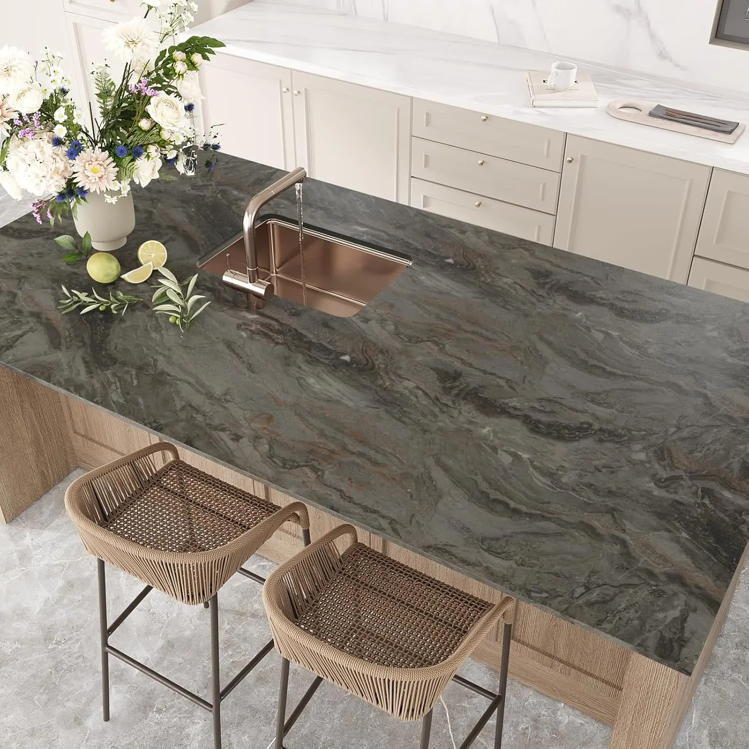 VEELIKE Ash Brown Thick Marble Contact Paper, Multi-Size Renter-Friendly Waterproof Self-Adhesive Removable Wallpaper, 15.7in x 118in for Kitchen Countertops, Bathroom Surfaces
