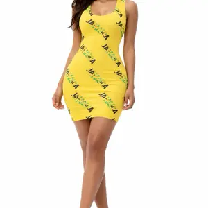 Jamaica Bodycon Dress for Women Yellow Caribbean Mini Dress Island Vibes Summer Outfit Jamaican Pride Dress with 75% Recycled Polyester 25% Elastane Casual Womenswear