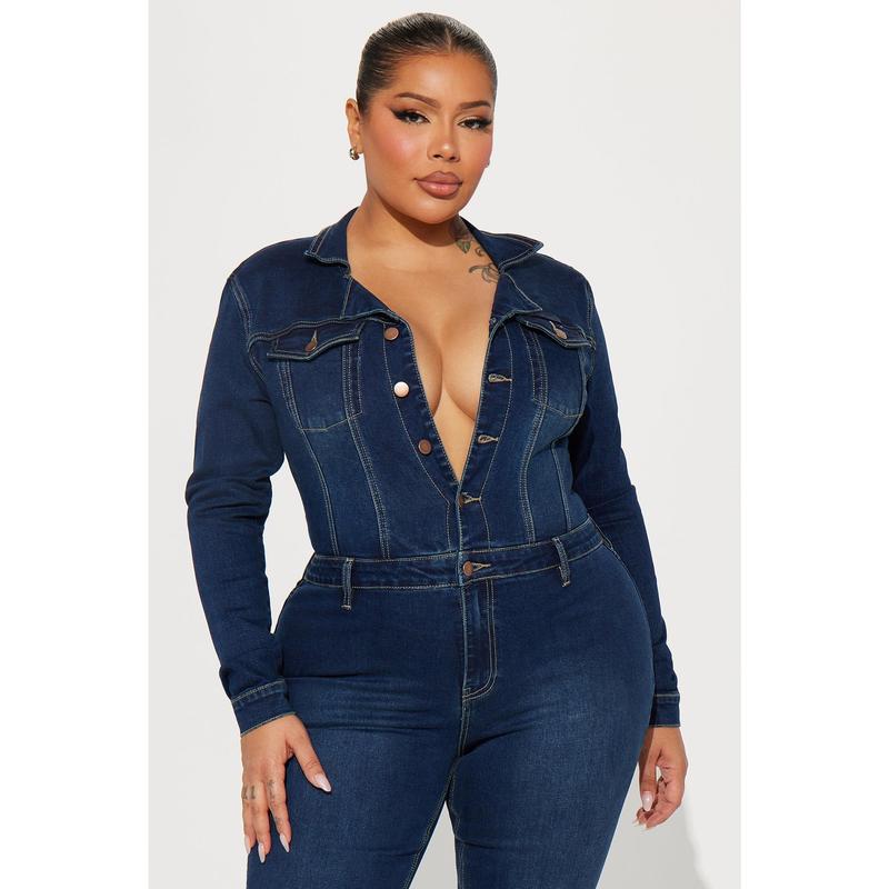 Day Dreaming Long Sleeve Denim Jumpsuit - Dark Denim