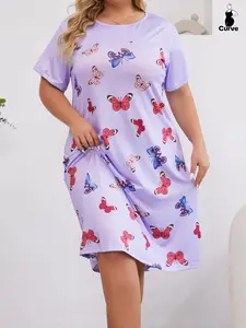 [Plus Size] Butterfly Print Nightdress, Casual Comfy Short Sleeve Round Neck Nightgown for Women, Women's Sleepwear for Summer, Loungewear, Soft Casual Nightdress