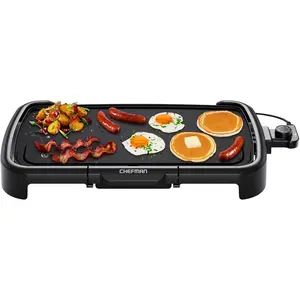 Electric frying pan with detachable temperature controller, immersible flat-top baking pan, suitable for frying hamburgers, eggs, pancakes, etc. Non-stick coating with large cooking surface, equipped with extractable drip pan, size: 10 x 20 inches.