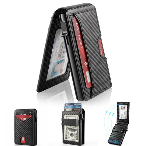 Portable Wallet for Men, Minimalist Slim Wallet with Money Clip & ID Window, RFID Blocking Smart Pop Up Card Wallet, Magnetic Closure Card Holder