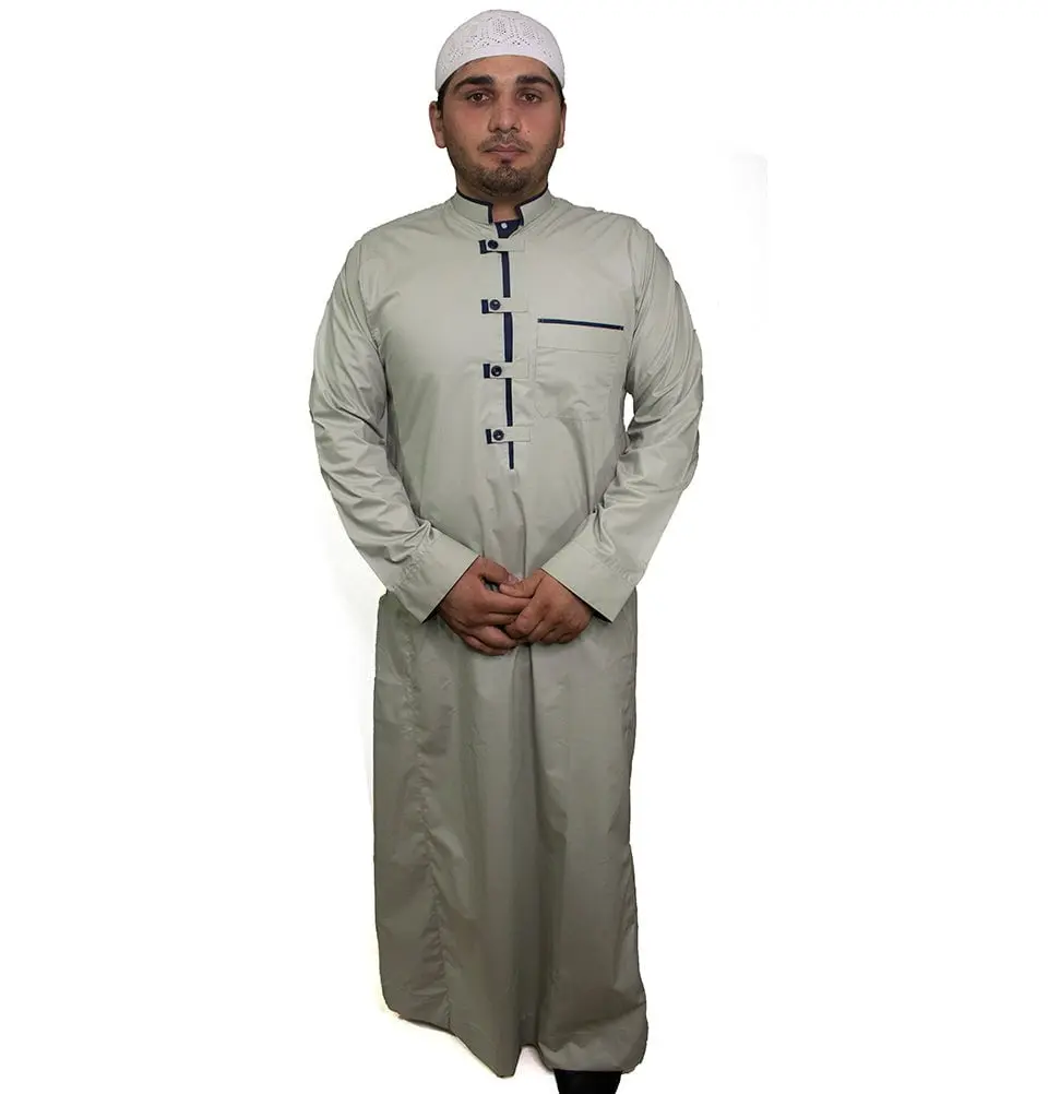 Men's Full Length Islamic Thobe Button Up Light Green & Navy