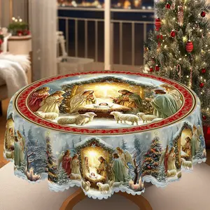 XEXSIN Christmas Decor Tablecloth with Jesus' Birth Scene, Nativity Scene with Baby Jesus, Mary&Joseph, Xmas Decor, Rectangular and Round Table Cloth, Holiday Party Decor, Biblical Birth Of Jesus Tablecloth, Waterproof, Wrinkle, Gifts Set Ornaments