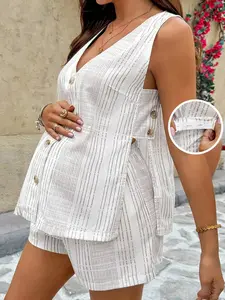 NANCY Maternity 2-Piece Set - Elegant V-Neck Button-Down Camisole & Shorts for Summer Vacation & Beach Outfits