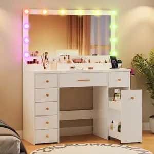 LAKEMID Vanity with large LED-lit mirror, featuring 12 rainbow-colored Hollywood bulbs. 7-drawer vanity with pull-out storage cabinet, includes 2 AC power outlets, 1 USB port, and 1 Type-C port. Bedroom vanity, girls' vanity, white