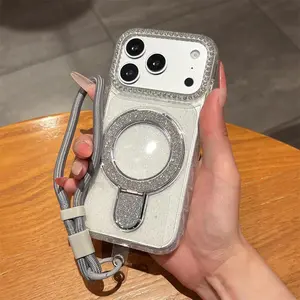Luxury Lanyard Magnetic Stand Glitter Phone Case For iPhone 17/16/15/14/13/ProMax/Pro/Plus Transparent Shockproof Protective Cover