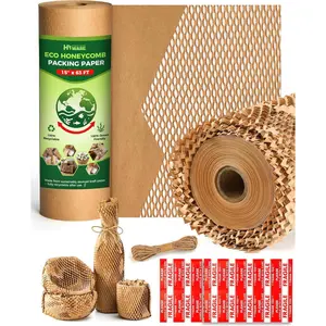 Honeycomb Packing Paper 15''*63ft, Recyclable Packing Paper with Rope and 20 Fragile Stickers, Tear-resistant Packing Supplies for Moving Small Business and Artwork