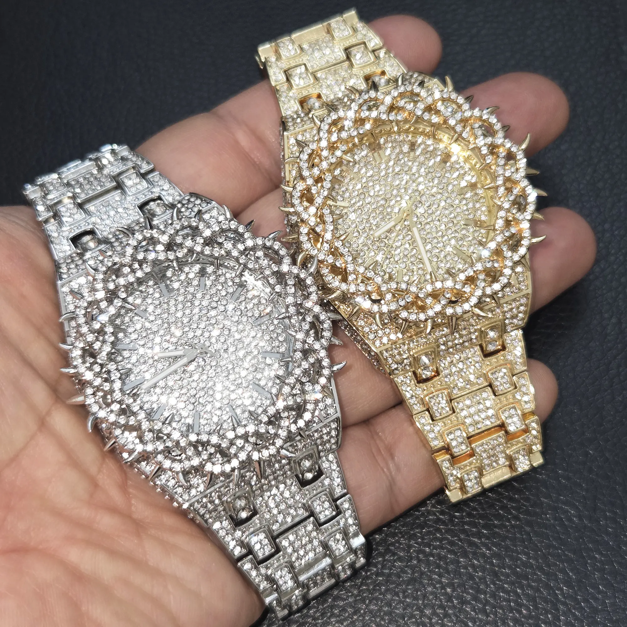 MaxBling81 Men's Bling Watch Iced Crown of thorns Bezel Gold Silver Plated Luxury Wrist Hip Hop Style Wristwatch Fashion