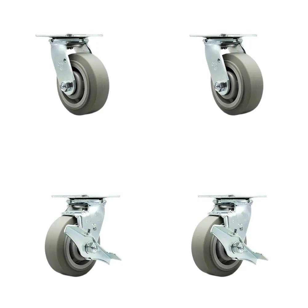 Service Caster SCC-30CS520-TPRBF-2-TLB-2 Heavy Duty Swivel Metal Ball Casters for Commercial Equipment/Dollies, 5 in. TPR Flat Tread Wheels, Double Ball Bearing Heat Treated Raceways, 1400 lbs Total Capacity, Set of 4 (2 with Swivel Brakes), Ball-Type Cas