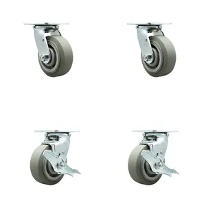 Service Caster SCC-30CS520-TPRBF-2-TLB-2 Heavy Duty Swivel Metal Ball Casters for Commercial Equipment/Dollies, 5 in. TPR Flat Tread Wheels, Double Ball Bearing Heat Treated Raceways, 1400 lbs Total Capacity, Set of 4 (2 with Swivel Brakes)