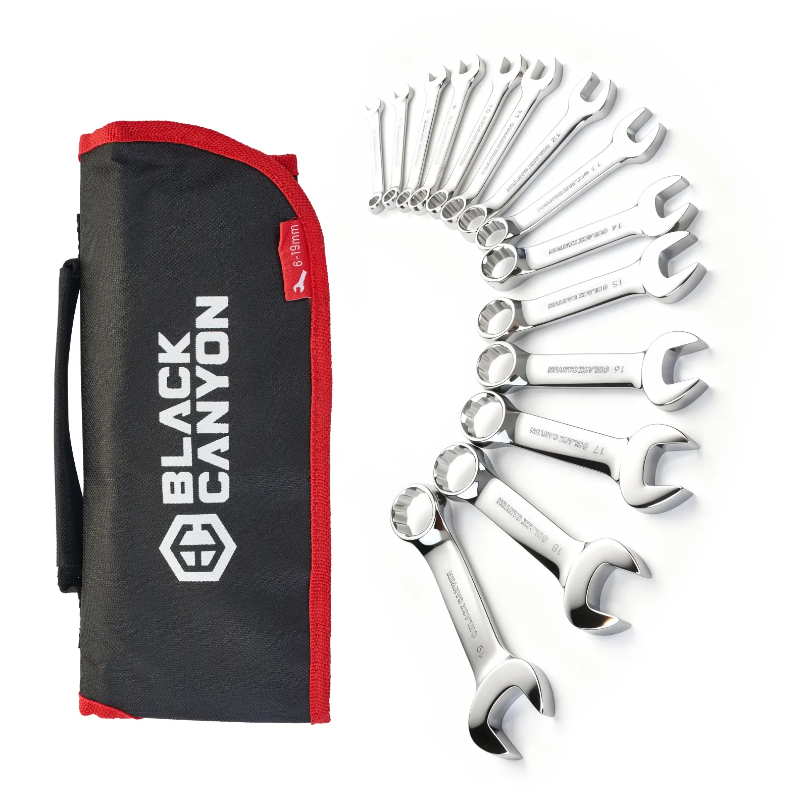 BLACK CANYON 14-PieceCr-V Steel  Metric Stubby Combination Wrench Set with Roll-Up Pouch - Cr-V Steel Chrome Finish for Tight Spaces，Auto Maintenance Machinists, Offset Wrench Combination Wrenches