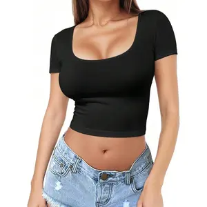 Short Sleeve Square Neck Crop Top For Women Y2K Soft Workout Shirt Going Out Tops Sexy Slim Fitted Casual Base Layer Lightweight pink ladies