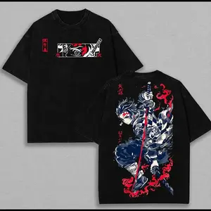 Menswear Distressed Festive Round Neck Short-Sleeve Tanjiro Kamado Fire Sun Water Breathing Demon Slayer Kimetsu No Yaiba Anime Manga Washed T-Shirt, 2-Sided Printing Graphic Top; Hoodie Option