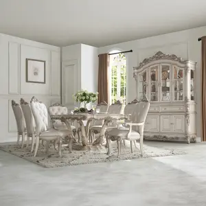 Acme Astoria Grand Gorsedd Antique White Finish Wood Pedestal Dining Table Set 7 pc with 2 Arm Chairs & 4 Side Chairs for Elegant Dining Room 67440-42-43