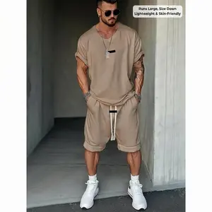Coofandy Athleisure Fusion T-Shirt Shorts Set Street Style Cotton Men's Regular Fit Below the Knee Crew Neck Drop Shoulder Casual Minimalist Summer Lightweight Clothes(Runs Large, Size Down)