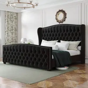 Queen/King Size Platform Bed Frame With Wingback Headboard, Velvet Upholstered Bed Frame With Handmade Button Tufted & Nailhead, Wooden Slats Support, Black