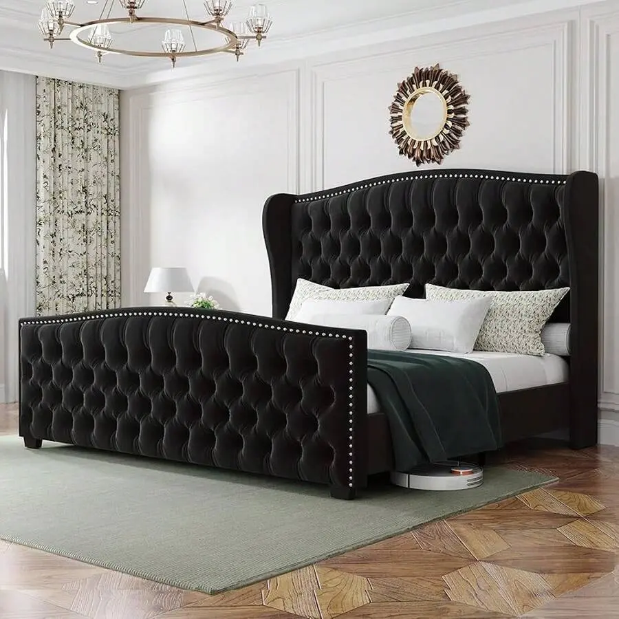 Queen/King Size Platform Bed Frame With Wingback Headboard, Velvet Upholstered Bed Frame With Handmade Button Tufted & Nailhead, Wooden Slats Support, Black