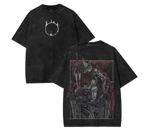 Vintage Washed Black Oversized T-Shirt, Epic Dark Knight Warrior Big Back Graphic, Fiery Ring Minimal Chest Print, Gothic Medieval Aesthetic, Heavyweight Cotton Loose Fit Unisex Grunge Streetwear Casual Daily Top fathersdaygift