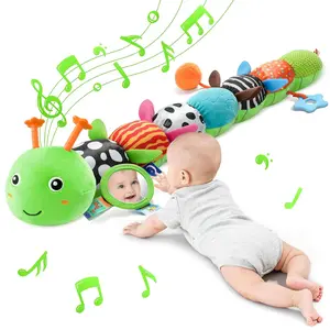 Baby Sensory Musical Caterpillar Plush Toy Soft Stuffed Animal with Mirror Crinkle Paper Rattle Teether Tummy Time Play Toy for 0-12 Months Newborn Infant Baby Shower Gift for Boys Girls Green