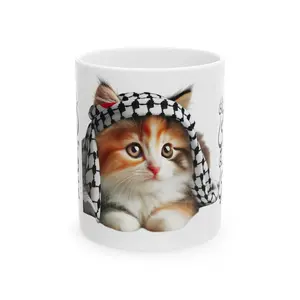 Support Palestine Mug, Keffiyeh Ceramic Cup, Palestinian Pride Gift for Cat Lovers