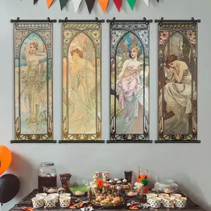 Vintage Character Pattern Wall Art, Unframed Art Print, 4 Counts/set Canvas Wall Hanging Painting, Wall Decor for Home Living Room Bedroom