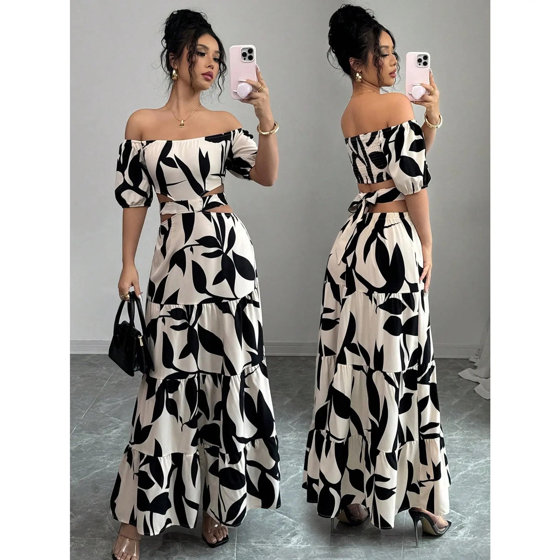 Women's Floral A-Line Maxi Dress with Off the Shoulder Puff Sleeves, Shirred Cutout Bodice and Layered Asymmetrical Ruffle Hem, Off Shoulder, Casual Wear, Floral Print, Elastane, Polyester Blend, Short Sleeves, Long Length, Machine Washable, Ruffled Hem,,