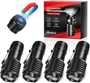 Rechargeable Mini Flashlights with Magnetic Base, 4 Pack Bright 3 LED Flash Lights, Small EDC Flashlight with Belt Clip, 4 Modes Portable Rechargeable Flashlights for Emergency Camping Home