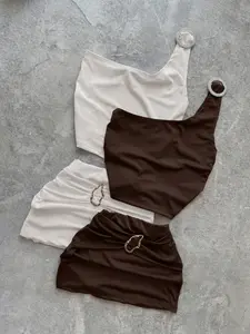 Women's High-End Single Shoulder Top + Short Skirt Set, Metal Buckle Embellished, Stretchy Fabric, Skin-Friendly, Show Texture, Elegance