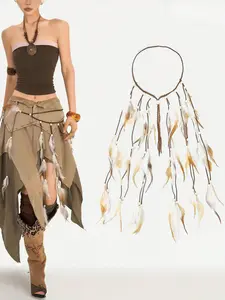 Women's Ethnic Style Handmade Feather Braided Rope Belt, Colorful Beaded Waist Chain, Retro Fashion Accessory for Women