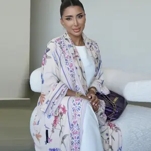 Muslim Women's Abaya Set with Hijab, Elegant Simple Floral Print Long Robe Jacket, Casual Party Beachwear, All Seasons Wear