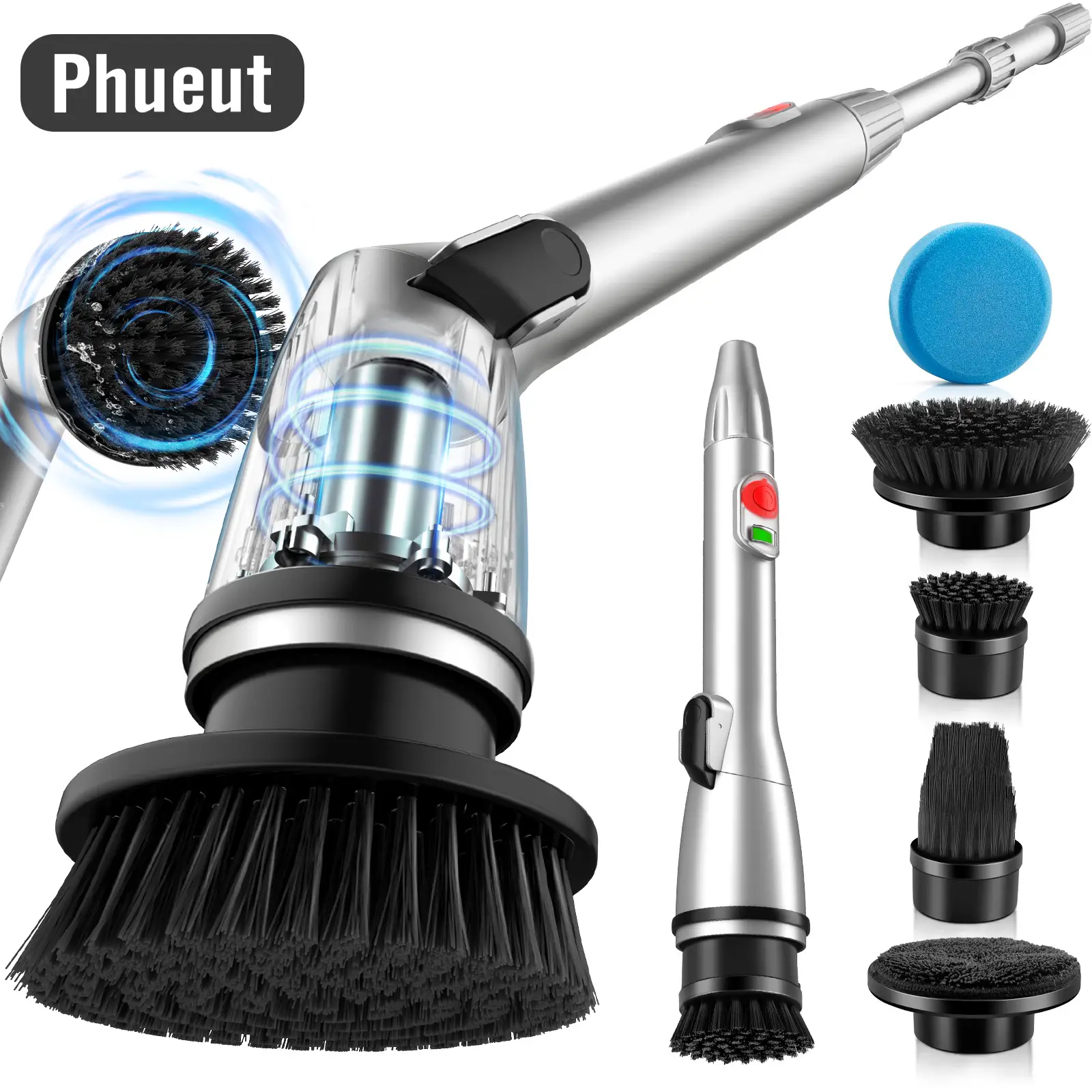 Phueut Automatic Portable Powerful Spin Scrubber, Rechargeable with 5 Brush Heads, Adjustable Long Handle for Bathroom, Tub, Tile, Car, Floor Cleaning
