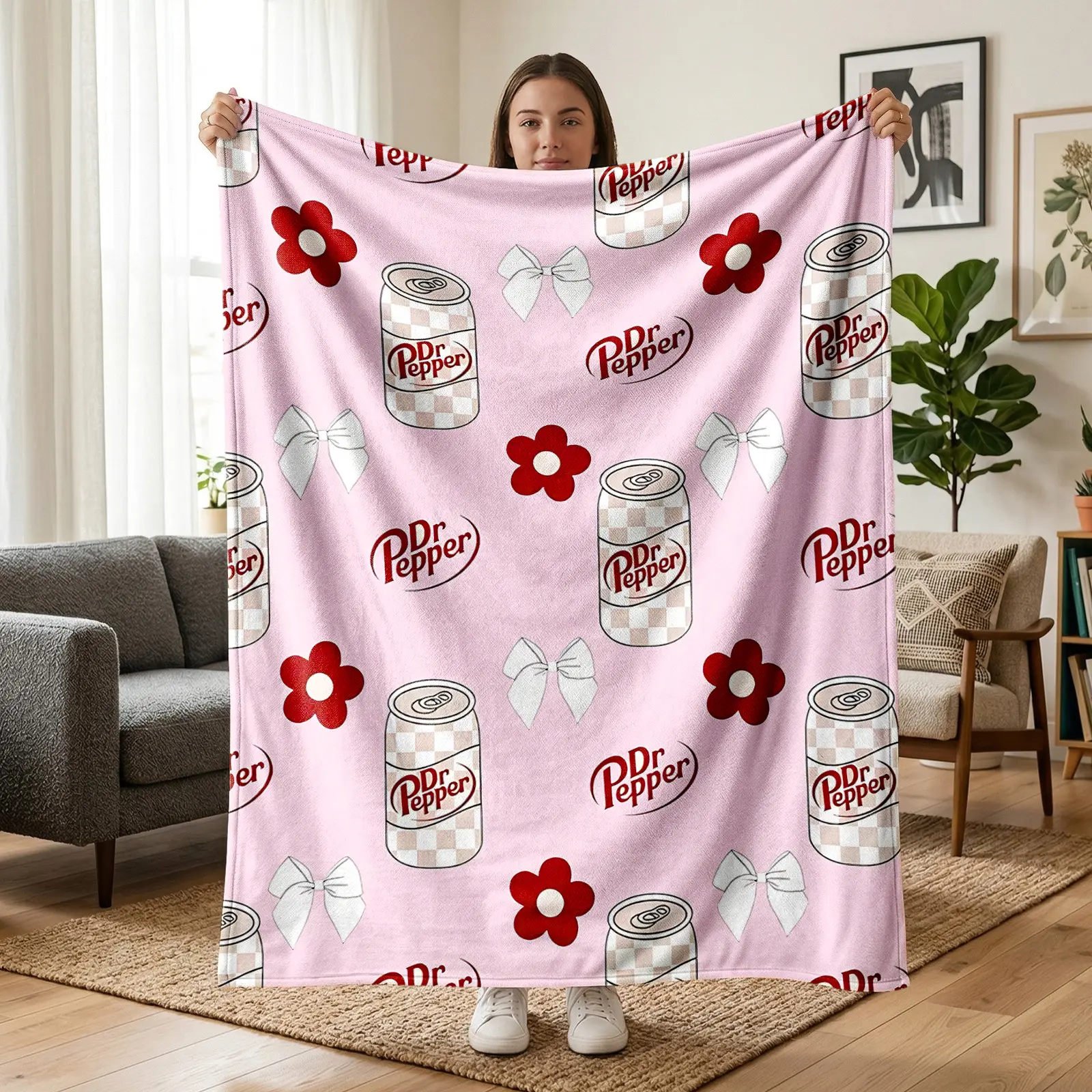 1 pc vintage “Dr Pepper” soda floral flannel blanket: all-over plaid print featuring a “Dr Pepper” can, burgundy small flowers, and bows; gentle American retro sweet girl casual style. Soft, warm nap blanket—suitable for sofa, bed, office, shawl, camping,