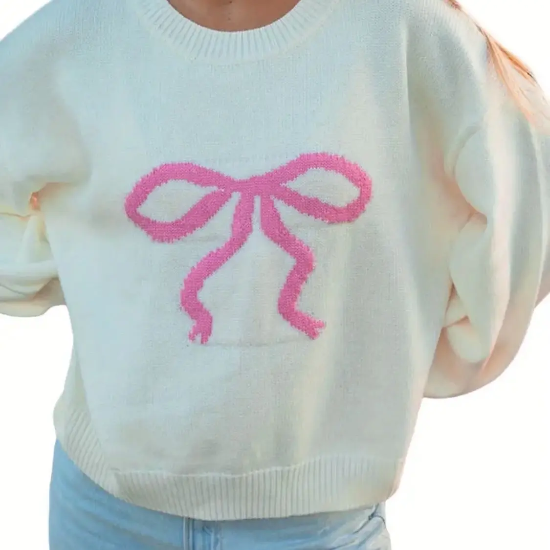 Women's Knit Sweater with Bowknot Pattern, Long Sleeve, Round Neck, Pullover for Fall/Winter Casual Wear - Knitwear, Womenswear